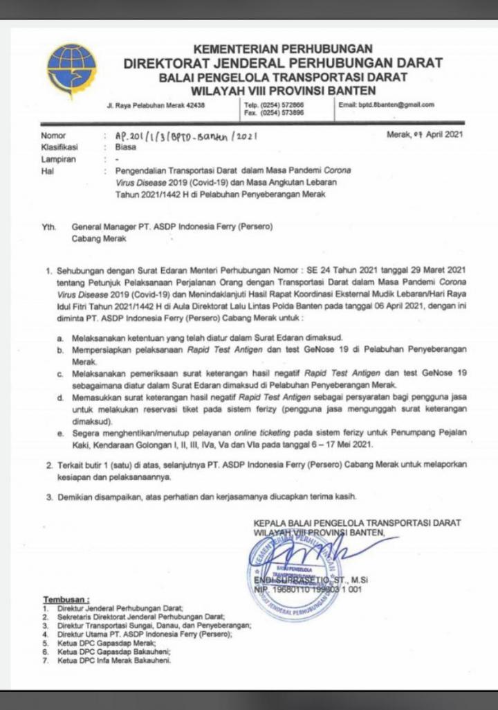 Gunakan Jasa Penyebrangan Wajib Melampirkan Surat Keterangan Rapid Test Antigen dan GeNose 19
